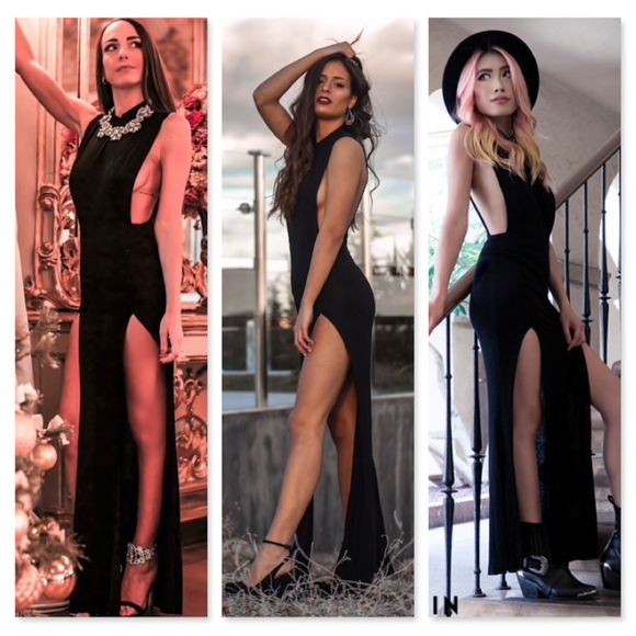 High Slit Open Side Mesh Back Black Maxi Dress - Picture 7 of 8